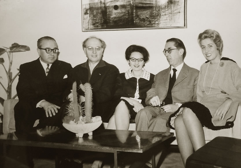 Buenos Aires 1963. Alberto Ginastera, Olivier Messiaen, Yvonne Loriod, Gian Francesco Malipiero et Jeannette Arata de Erize (Instituto  Di Tella)